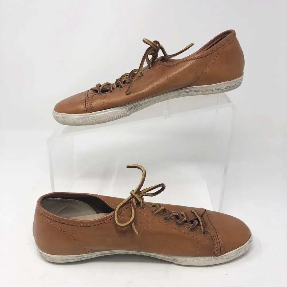 FRYE | Mindy Low Top Lace Up Sneakers Tan Leather Shoes Women’s Size 7.5